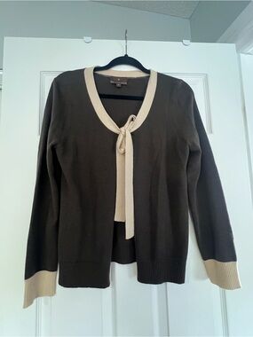 Fenn Wright Manson Cardigan with Cream Trim and Tie, wool and cashmere mix